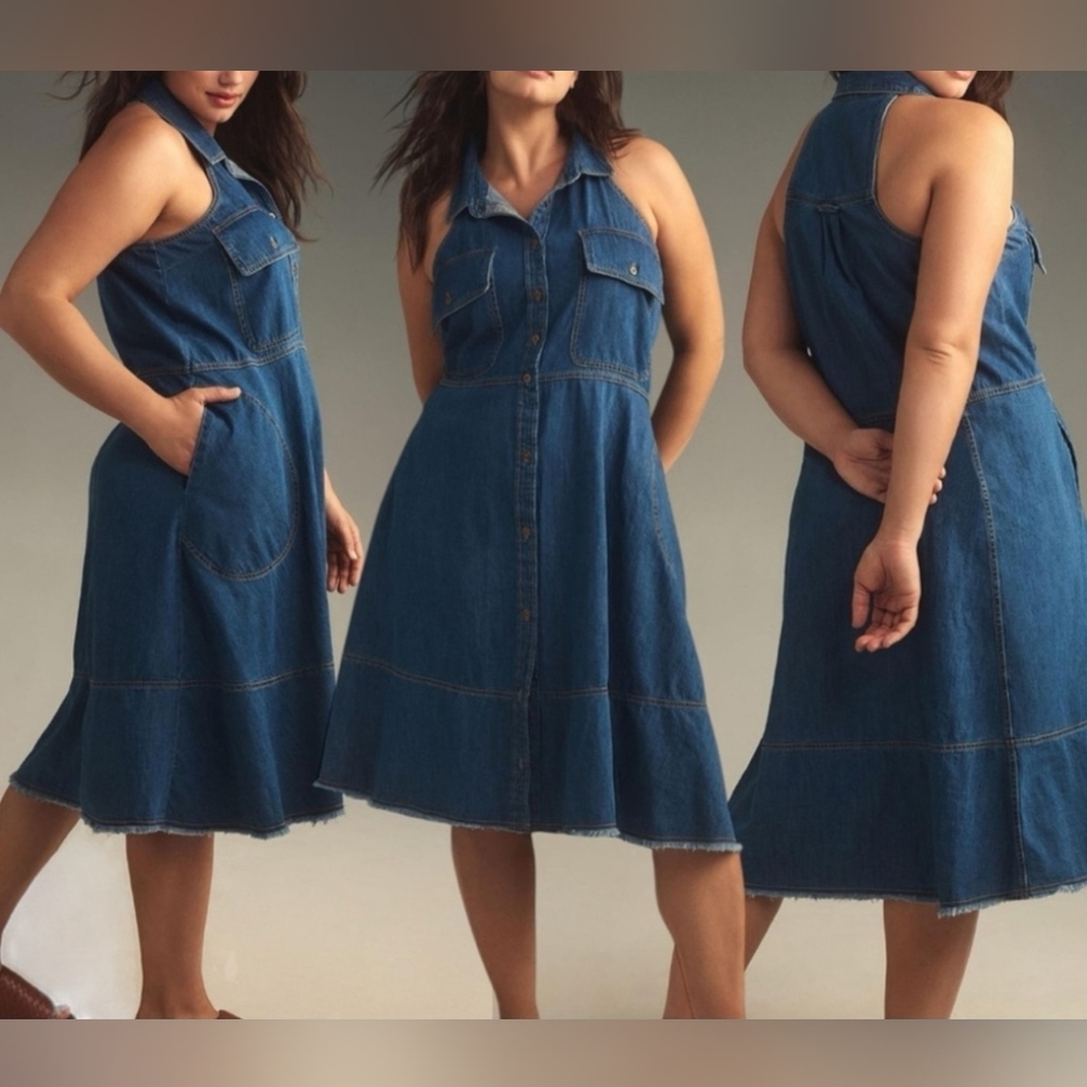 NWT Pilcro Denim Tiered Swing Dress, Collared Halter, Frayed Hem, Plus Size 3X.